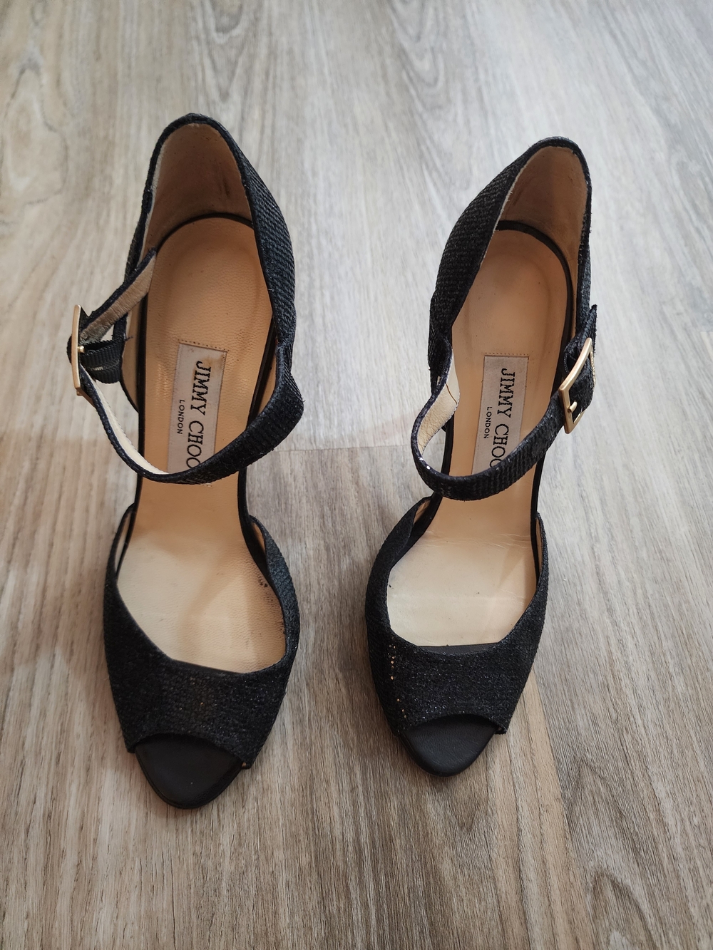 Jimmy Choo Black Glitter Open-Toe Ankle Strap Heels